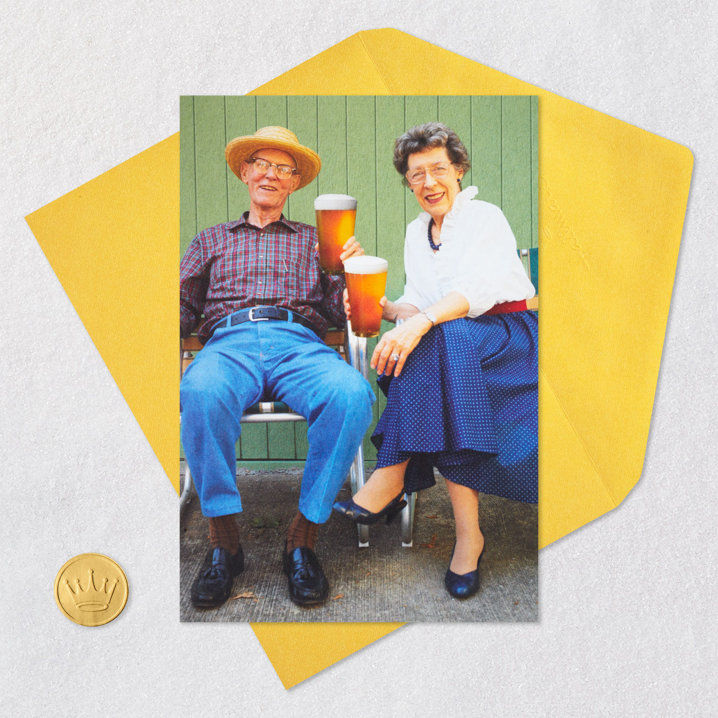 Older Couple with Beers Funny Anniversary Card Card Front with Envelope and Gold Seal image number 5