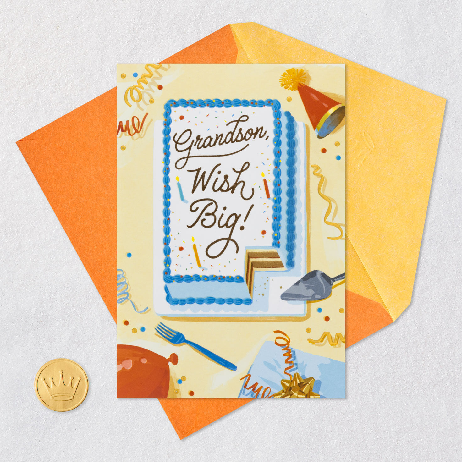 Sheet Cake on Yellow Grandson Birthday Card Card Front with Envelope and Gold Seal image number 5