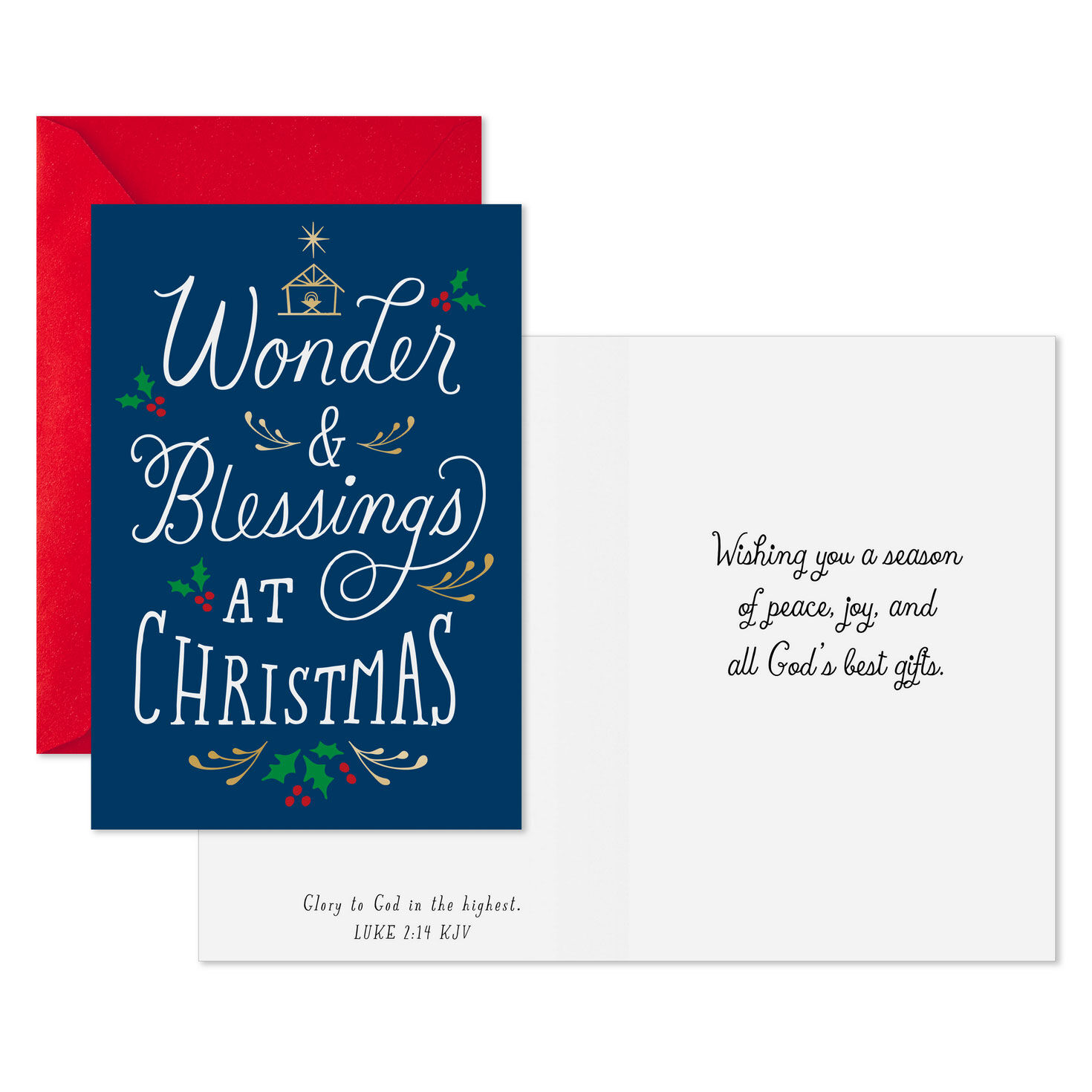 Holly on Blue Religious Christmas Cards Pack Card Front with Sentiment image number 2