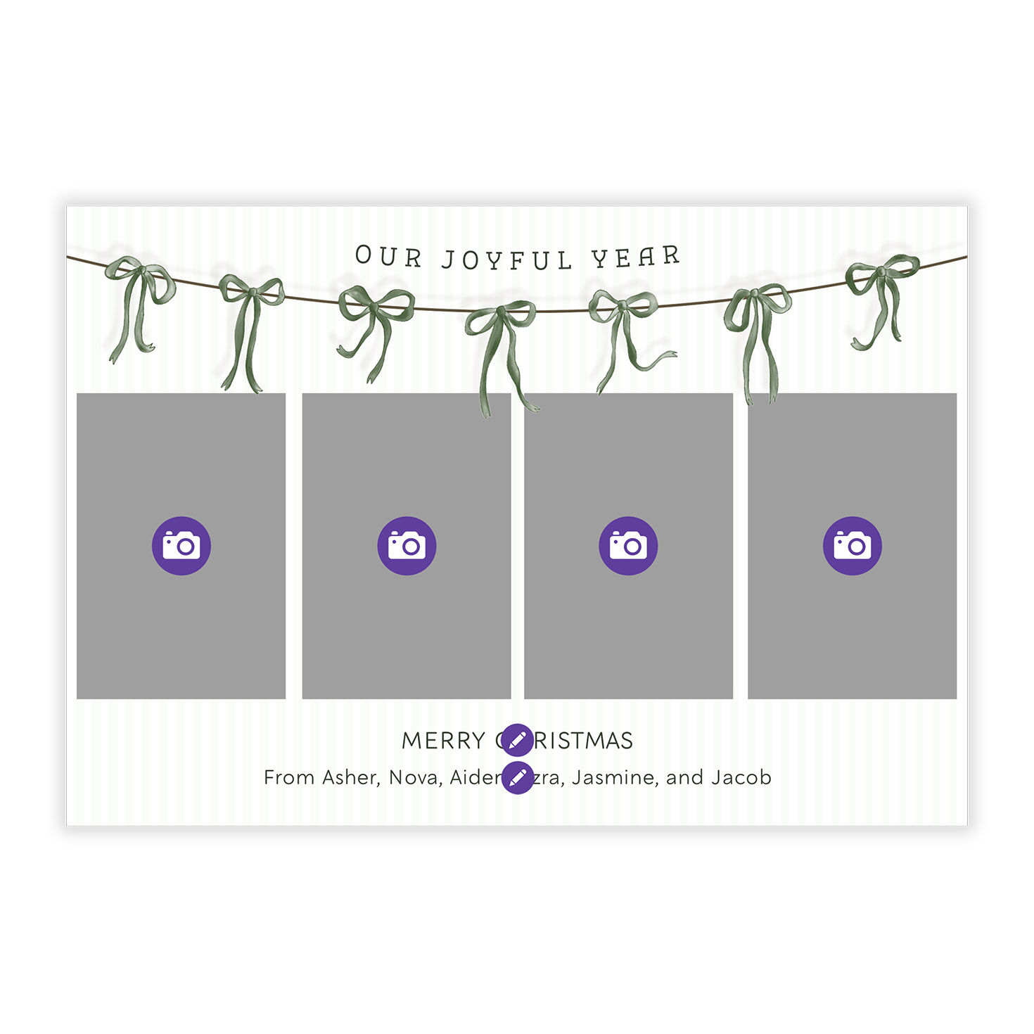 Joyful Year Bows Personalized Holiday Photo Card Card Front indicating personalization image number 5