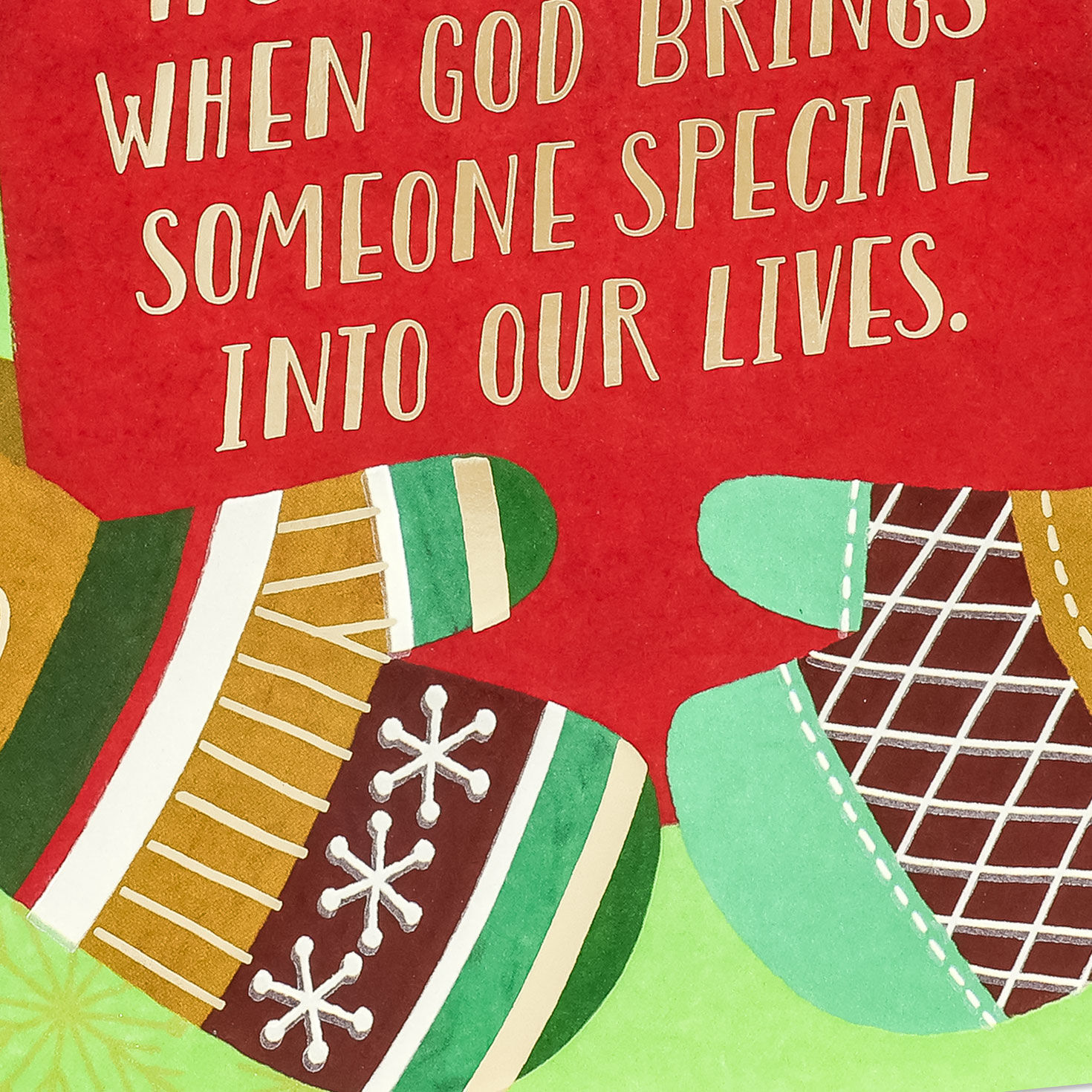 Mittens and Red Present Religious Christmas Card Card Front Detail image number 5