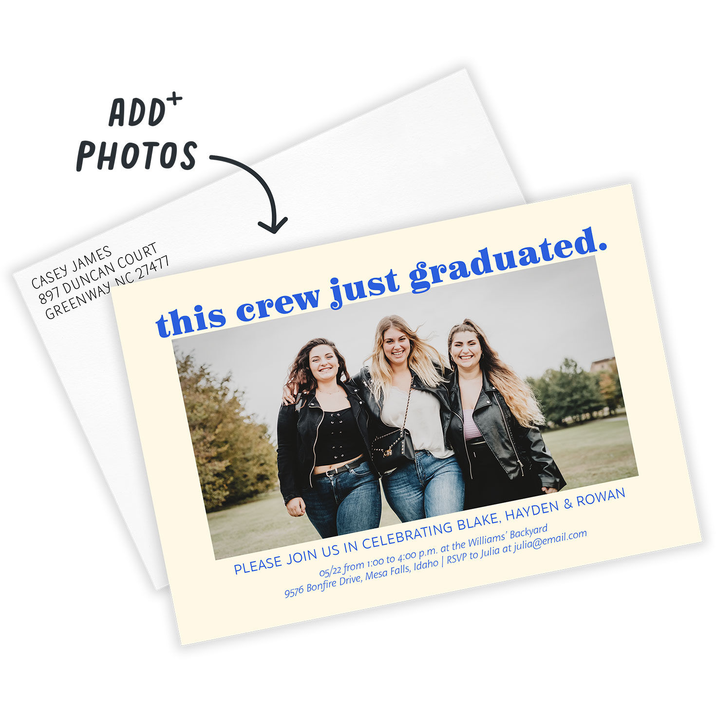 Blue Headline and Photo Grad Party Invitation Card Front indicating personalization image number 2