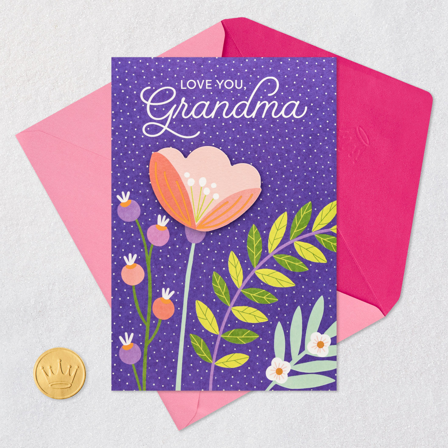 Flowers on Purple Grandma Mother's Day Card Card Front with Envelope and Gold Seal image number 6