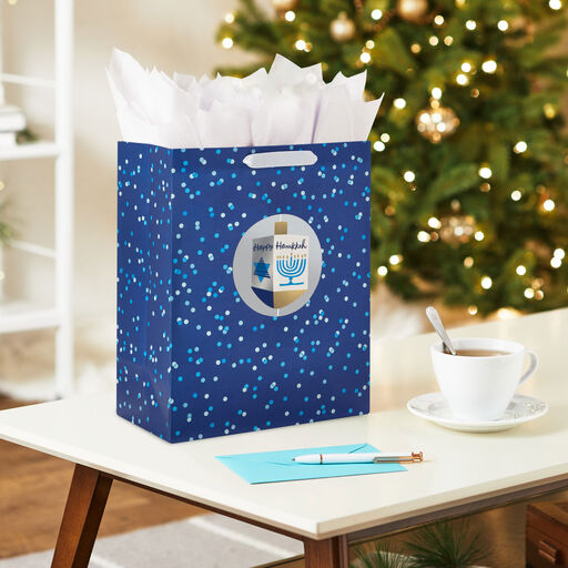 13" Spinning Dreidel on Dark Blue Large Hanukkah Gift Bag, 