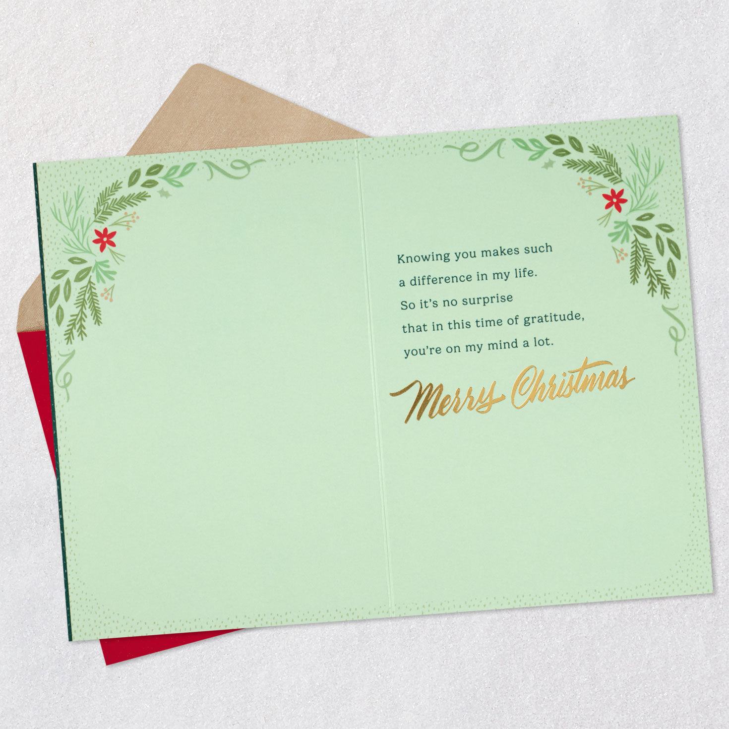 Elegant Greenery Thinking of You Christmas Card Open card with envelope image number 3