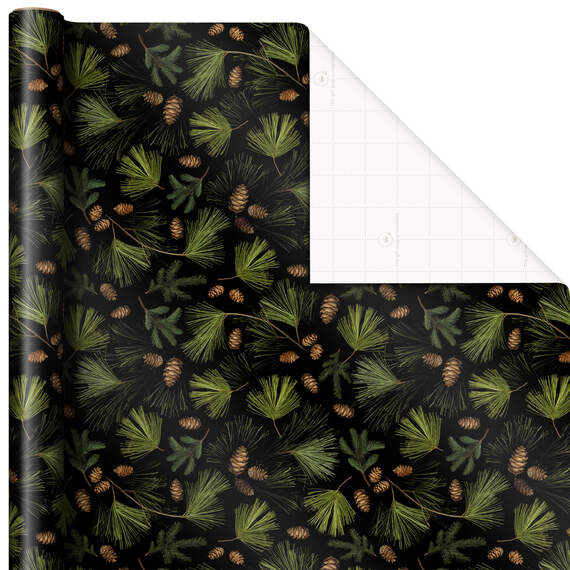 Pine Cones and Boughs on Navy Holiday Wrapping Paper, 45 sq. ft.
