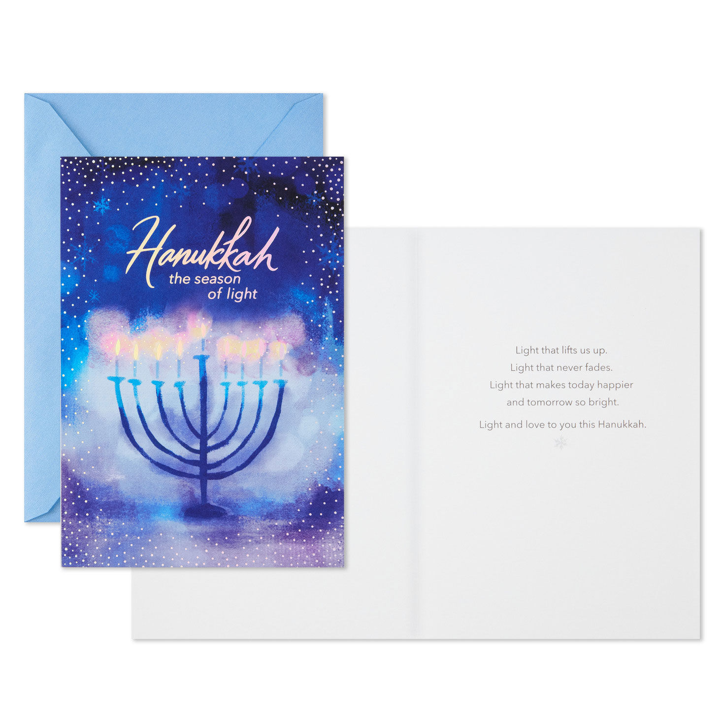 Blue Menorah Boxed Hanukkah Card Pack Card Front with Sentiment image number 2