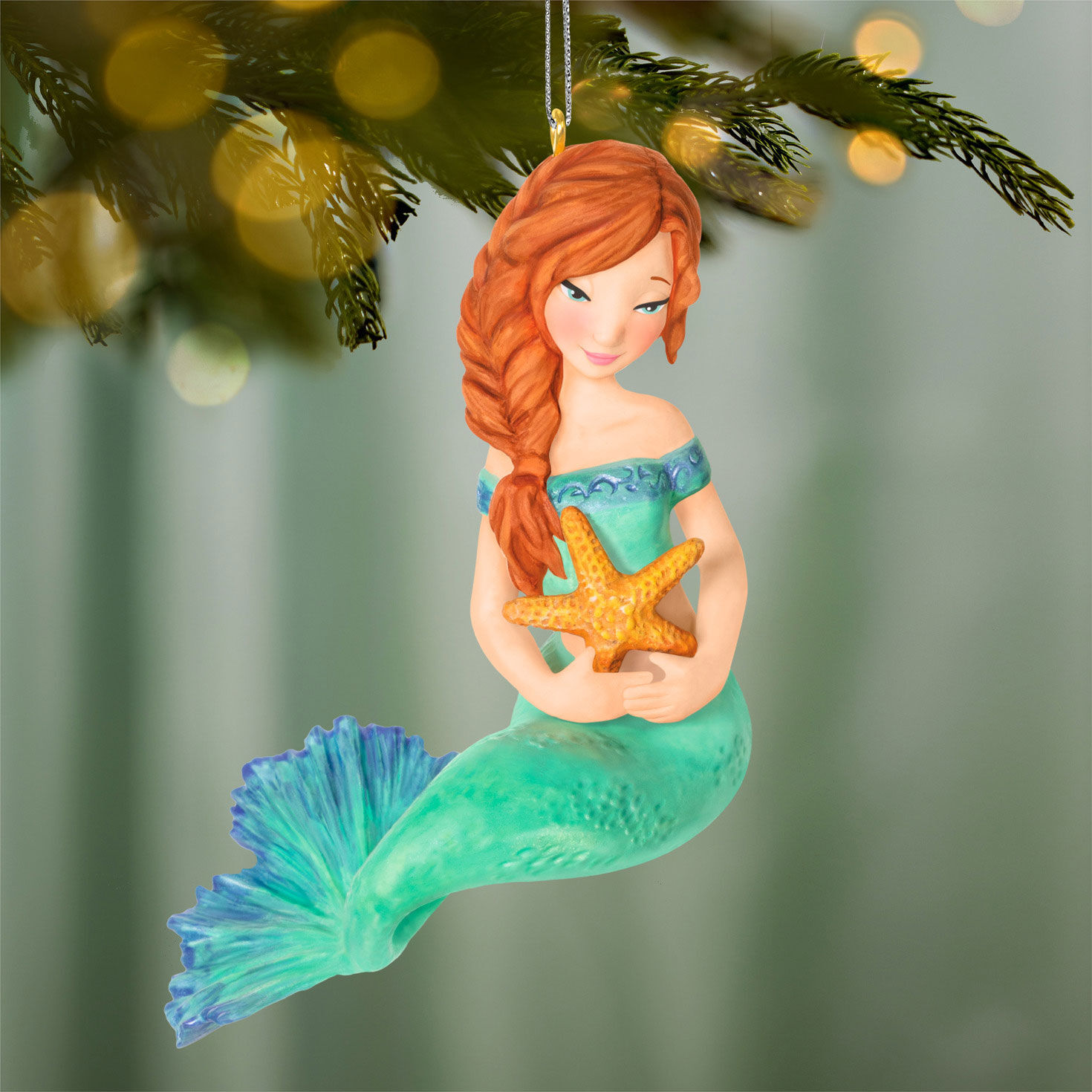 Green Mermaid With Starfish Keepsake Ornament hanging on tree image number 2