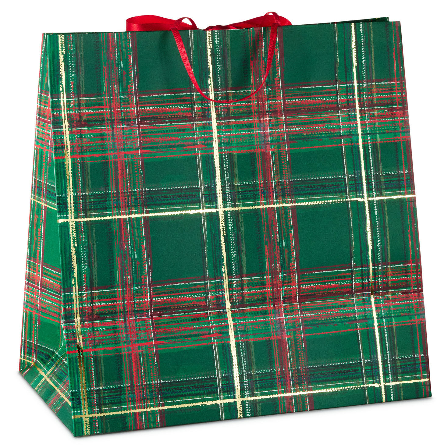 Green Plaid with Red Bow Christmas Gift Bag Back image number 6