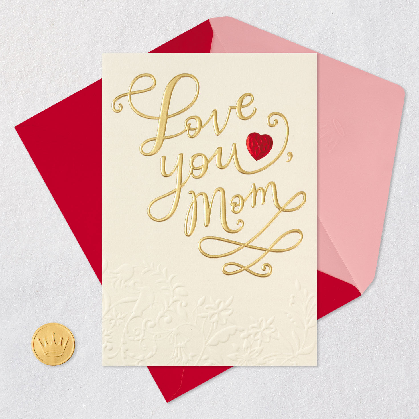 Red Heart and Gold Script Mom Valentine's Day Card Card Front with Envelope and Gold Seal image number 5