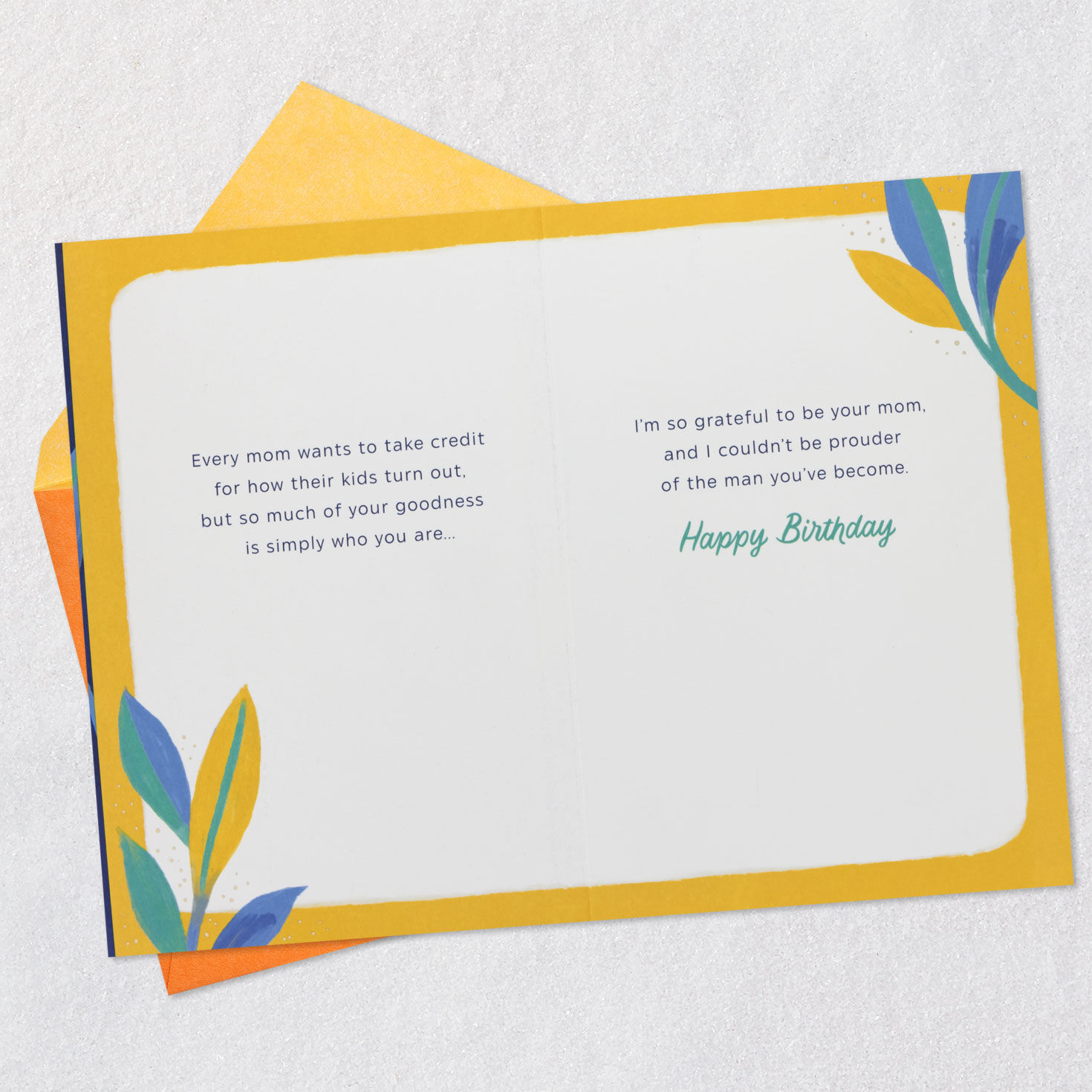 Tropical Leaves on Blue Son Birthday Card Open card with envelope image number 4