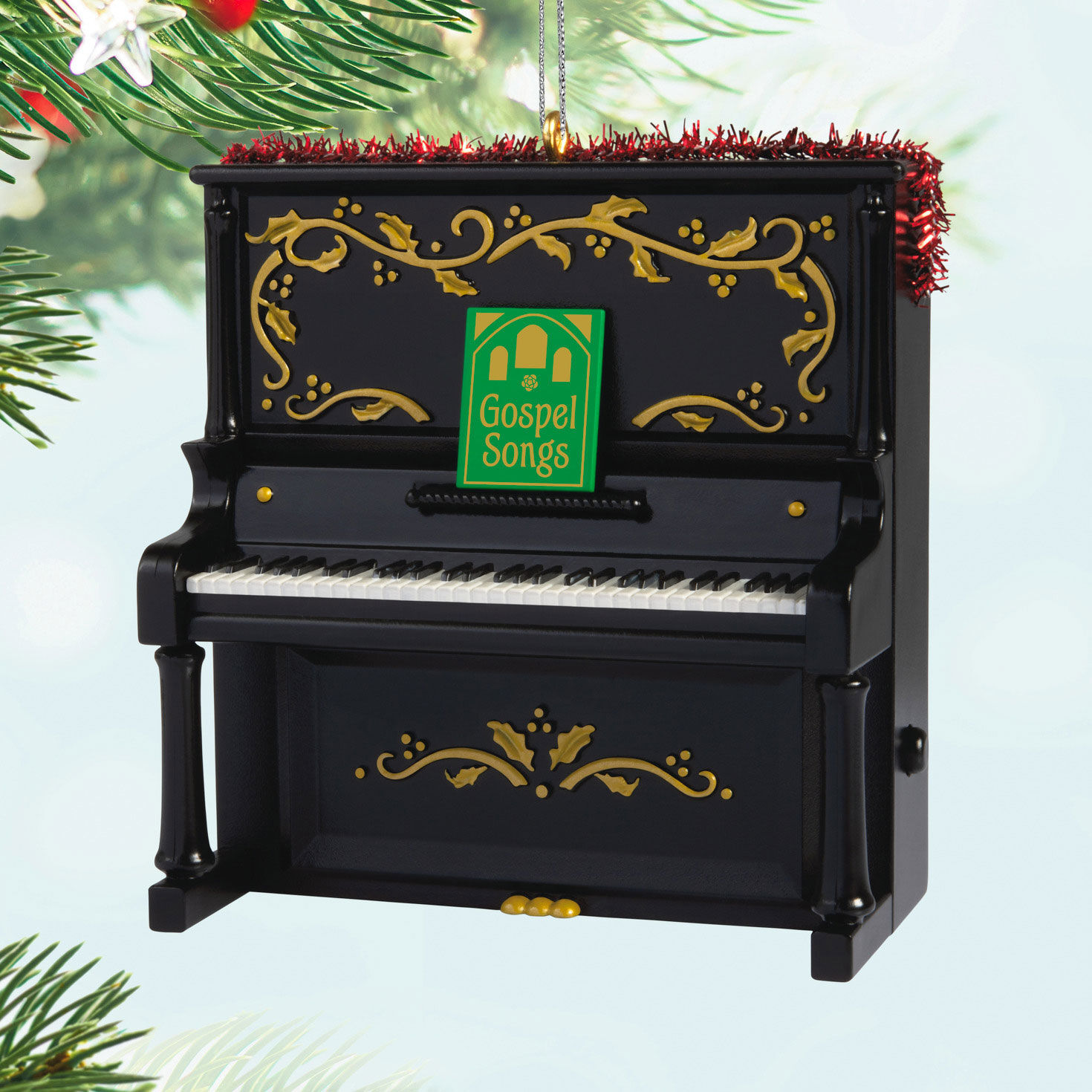 Black Piano With Red Tinsel Keepsake Ornament hanging on tree image number 2