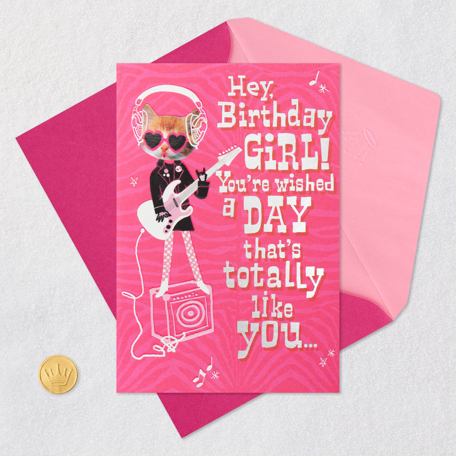 Cute Cat Playing Guitar Birthday Card for Kids Card Front with Envelope and Gold Seal image number 5