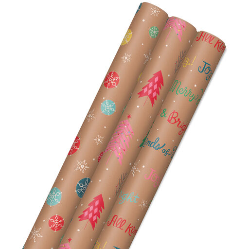 Bright and Bold Kraft 3-Pack Christmas Wrapping Paper, 90 sq. ft., 