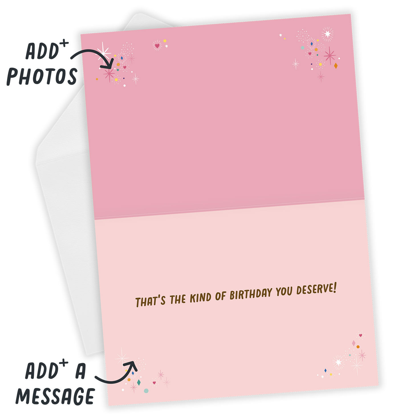 White Alpacas on Pink Personalized Birthday Card Open Card with Envelope indicating personalization image number 3
