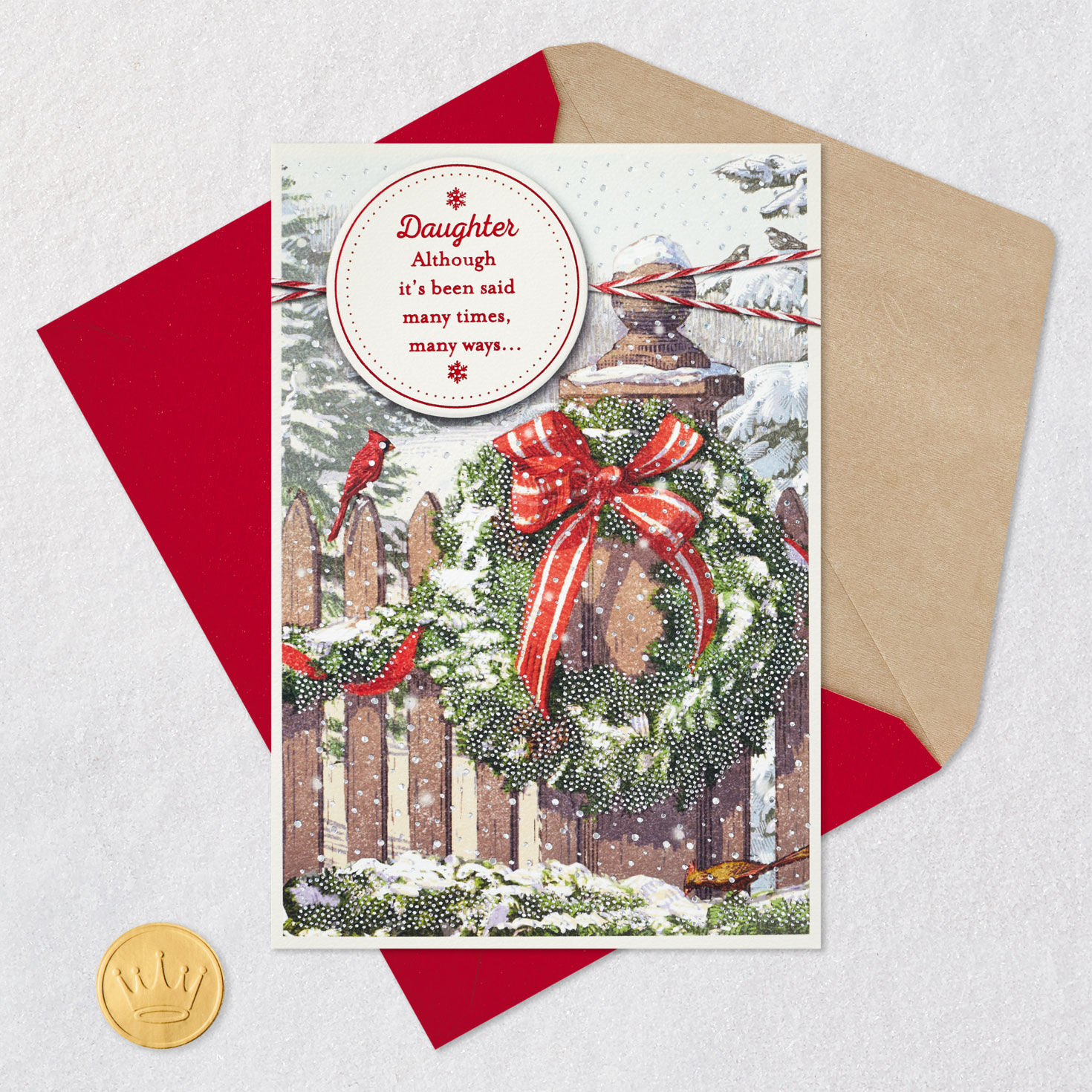 Snowy Wreath and Cardinals Daughter Christmas Card Card Front with Envelope and Gold Seal image number 5