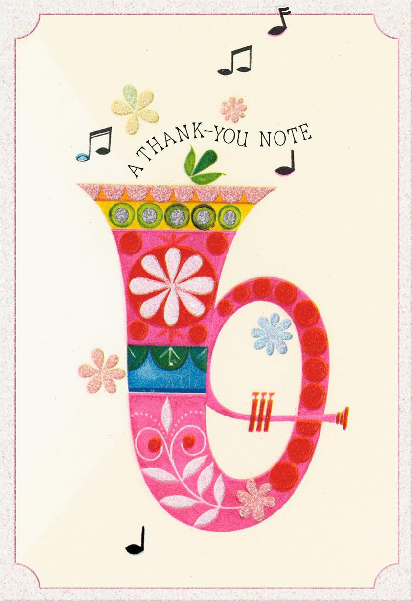 Floral Patterned Tuba and Musical Notes Thank You Card