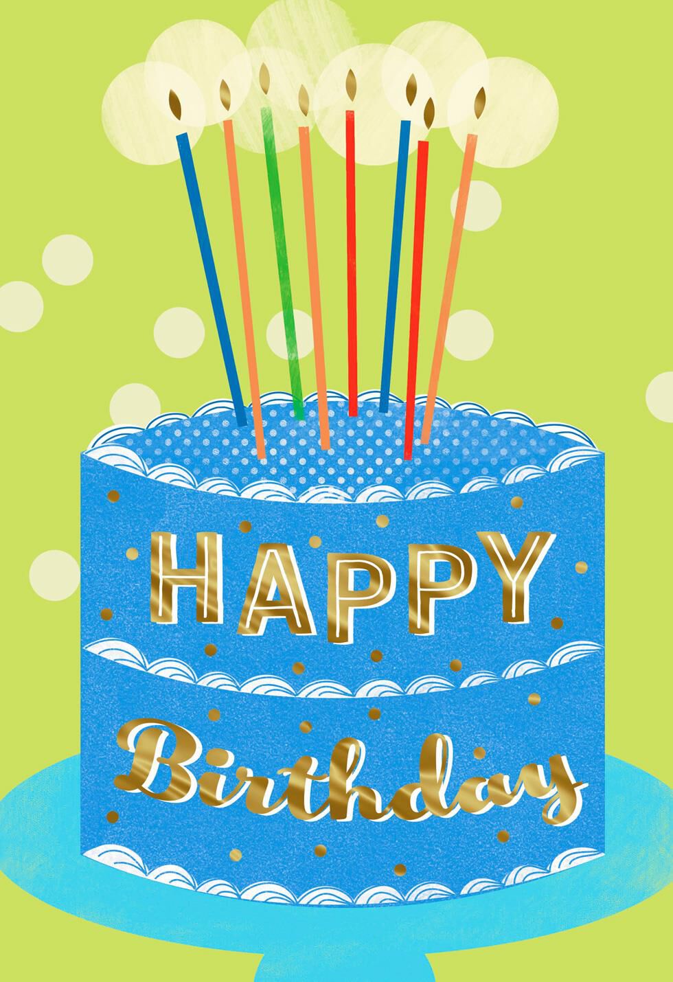 Blue Cake and Candles on Green Birthday Card