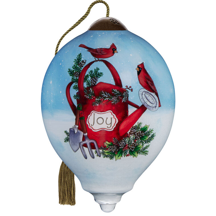 Ne'Qwa Art Cardinals on Watering Can Glass Christmas Ornament