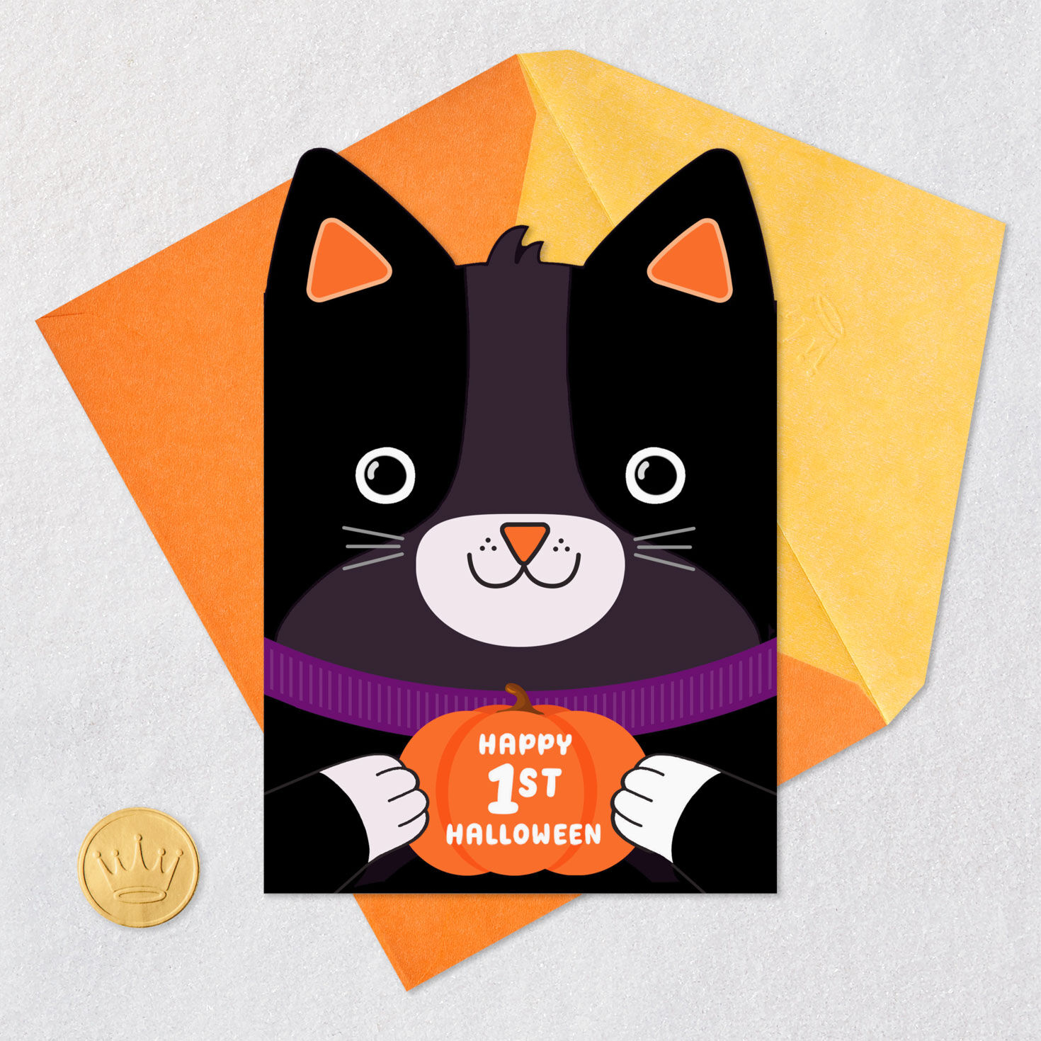 Black Kitten 1st Halloween Card for Baby Card Front with Envelope and Gold Seal image number 5