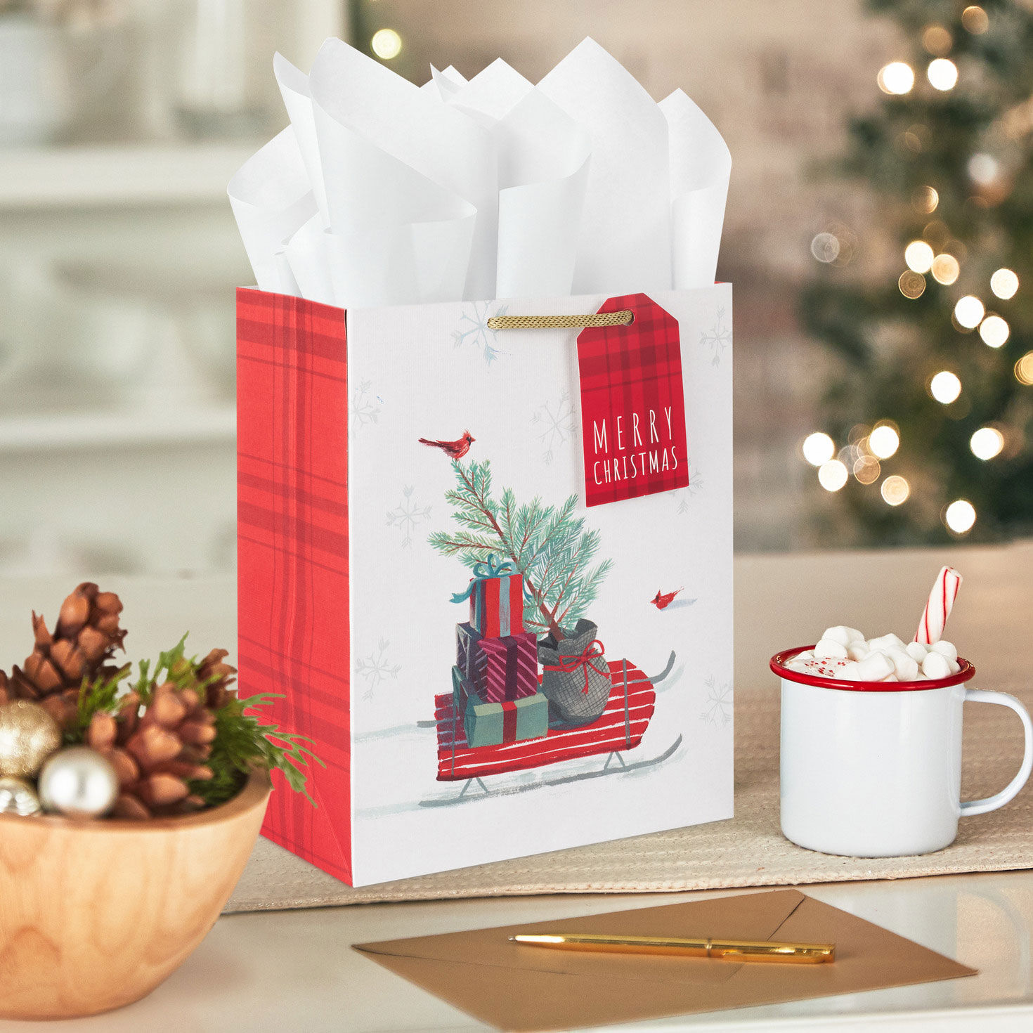 9.6 Red Sled in Snow Medium Christmas Gift Bag Gift Bags Hallmark