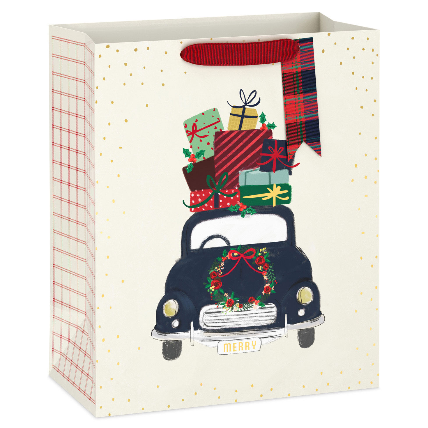 13" Vintage Car on Cream Large Christmas Gift Bag