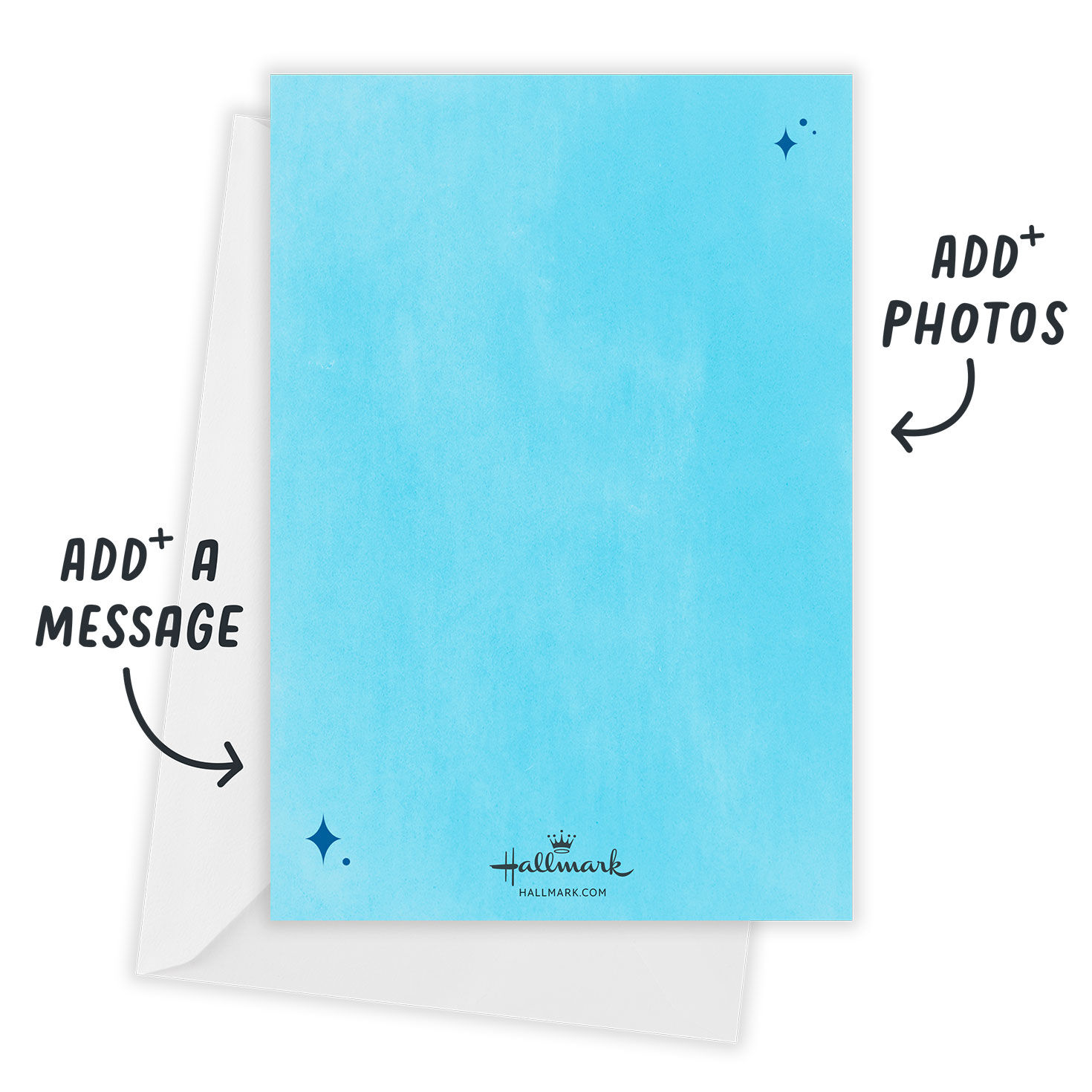 Woo Hoo! Script on Blue Personalized Party Invitation Card back with Envelope indicating personalization image number 3