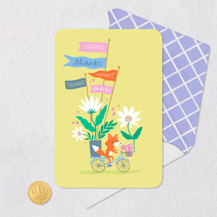 Fox, Pink Squirrel and Flowers on Bike Thank You Card Card Front with Envelope and Gold Seal image number 5