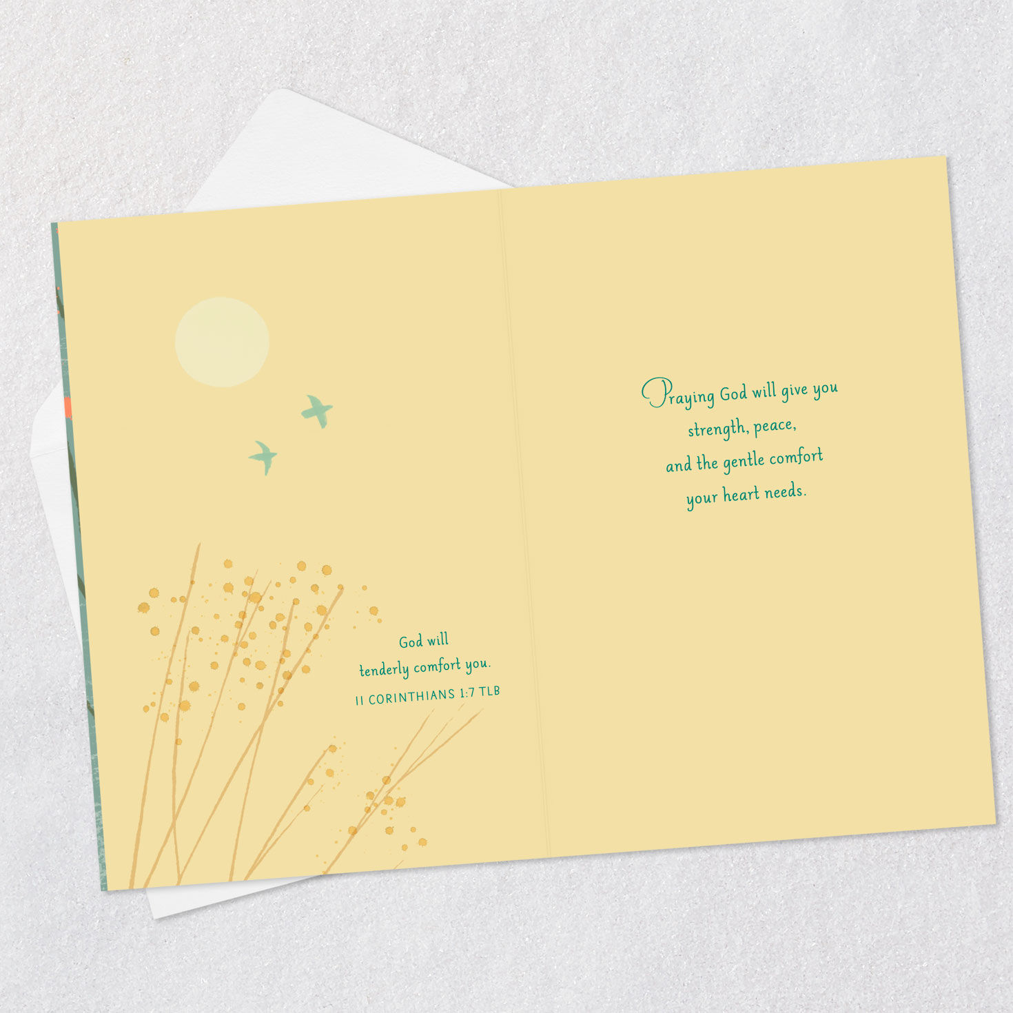 Birds, Sun and Flowering Tree Religious Sympathy Card Open card with envelope image number 4