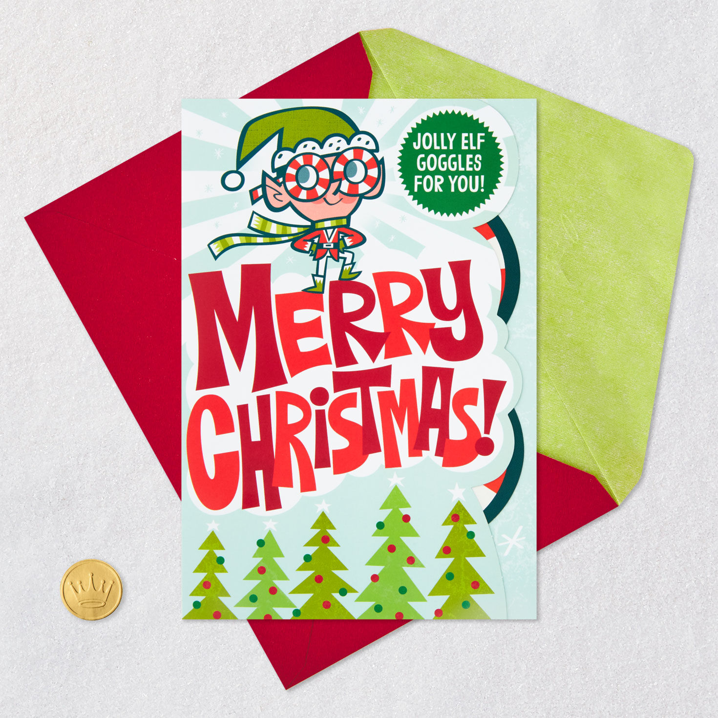 Green Elf Christmas Card for Kid with Detachable Glasses Card Front with Envelope and Gold Seal image number 7