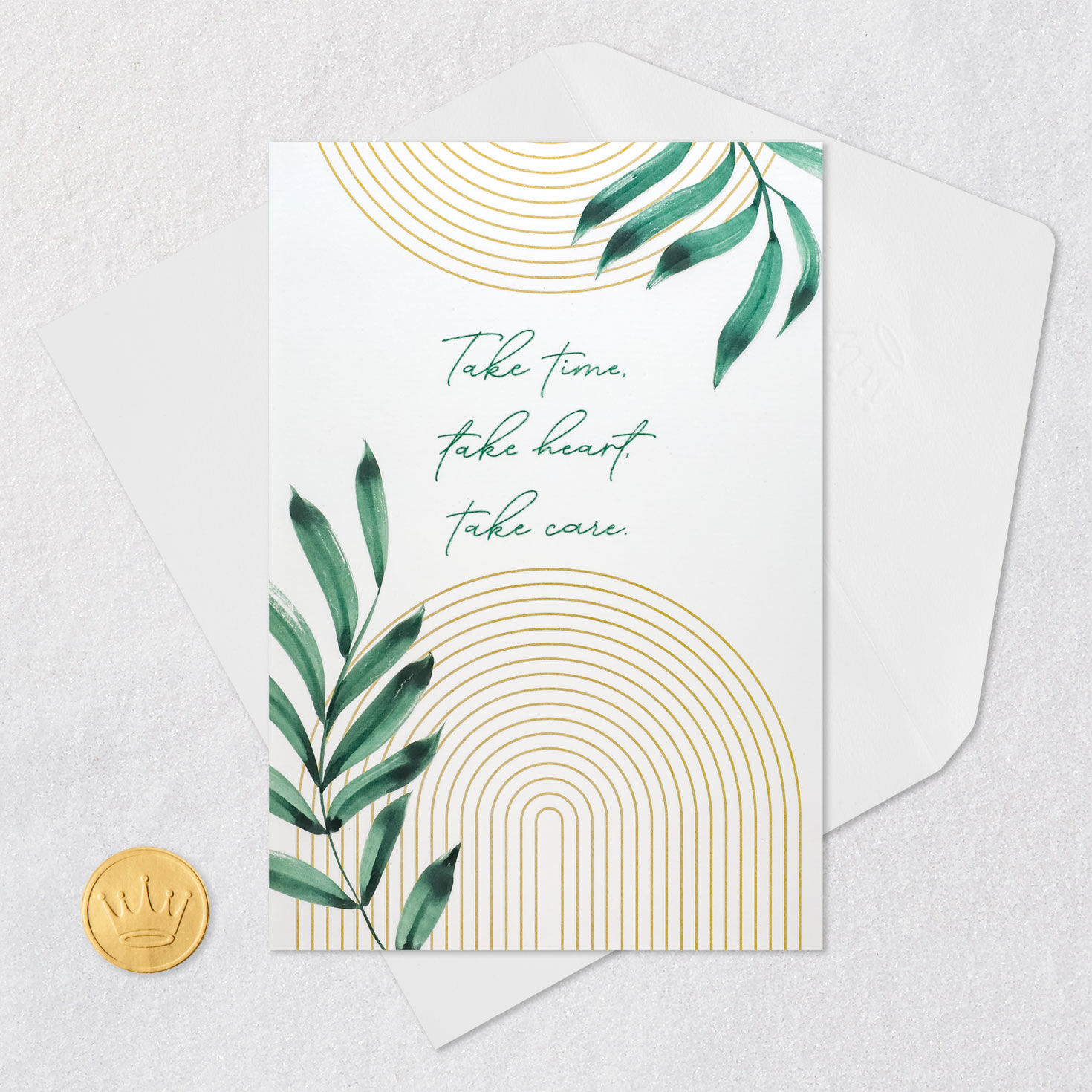 Green Leaves and Gold Arches Get Well Card Card Front with Envelope and Gold Seal image number 6