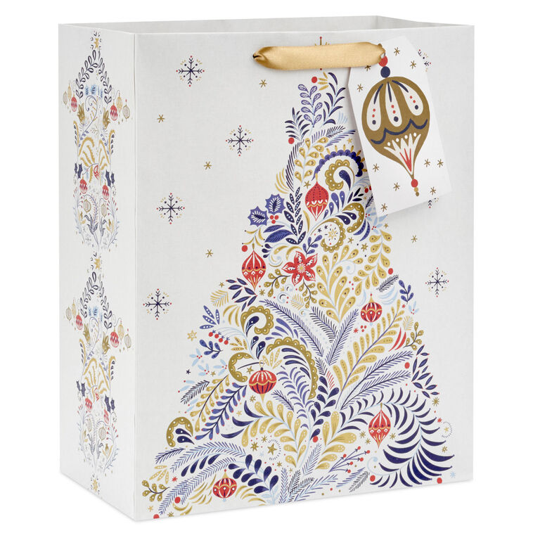 13" Floral Evergreen on White Large Christmas Gift Bag