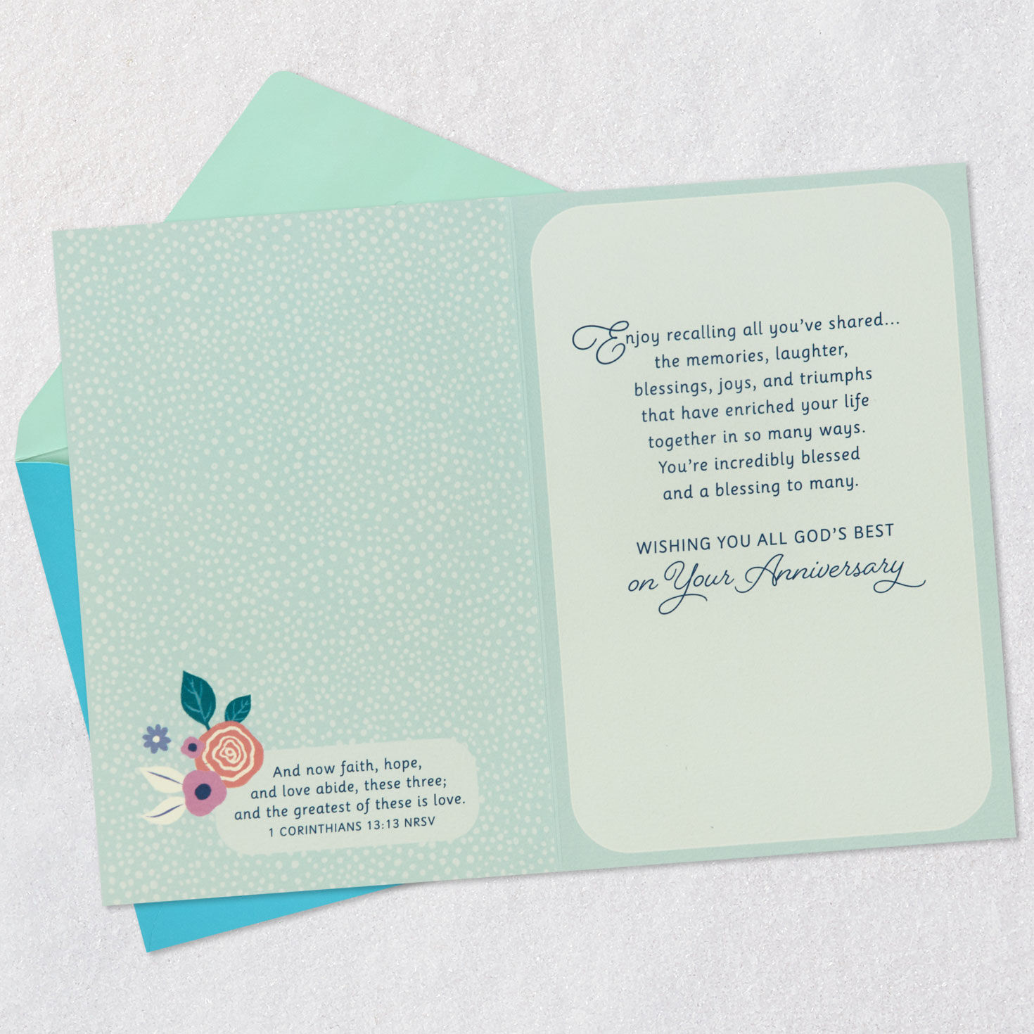 Painted Spring Flowers and Butterfly on Light Blue Anniversary Card Open card with envelope image number 4