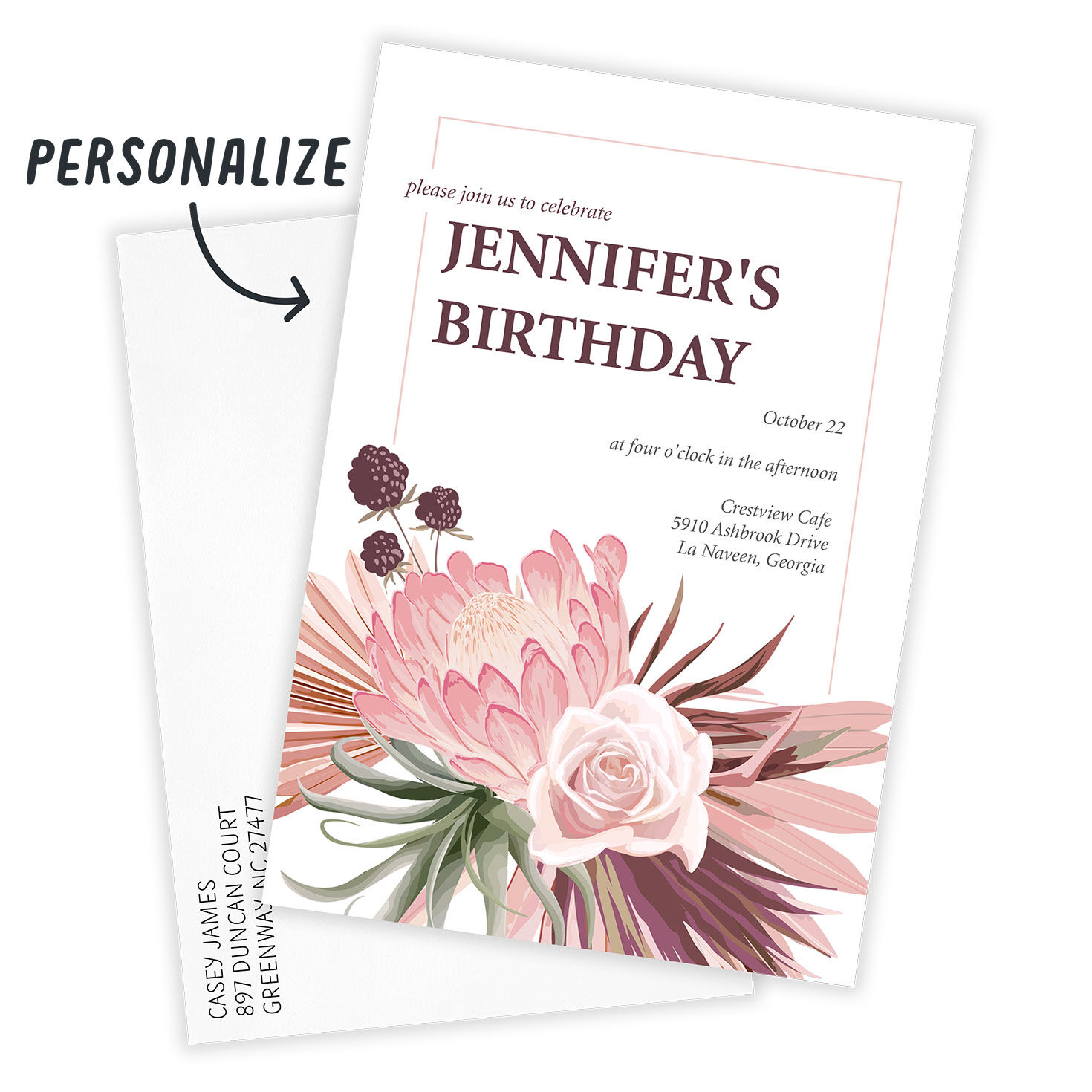 Pink Peony Rose Personalized Party Invitation Card Front indicating personalization image number 2