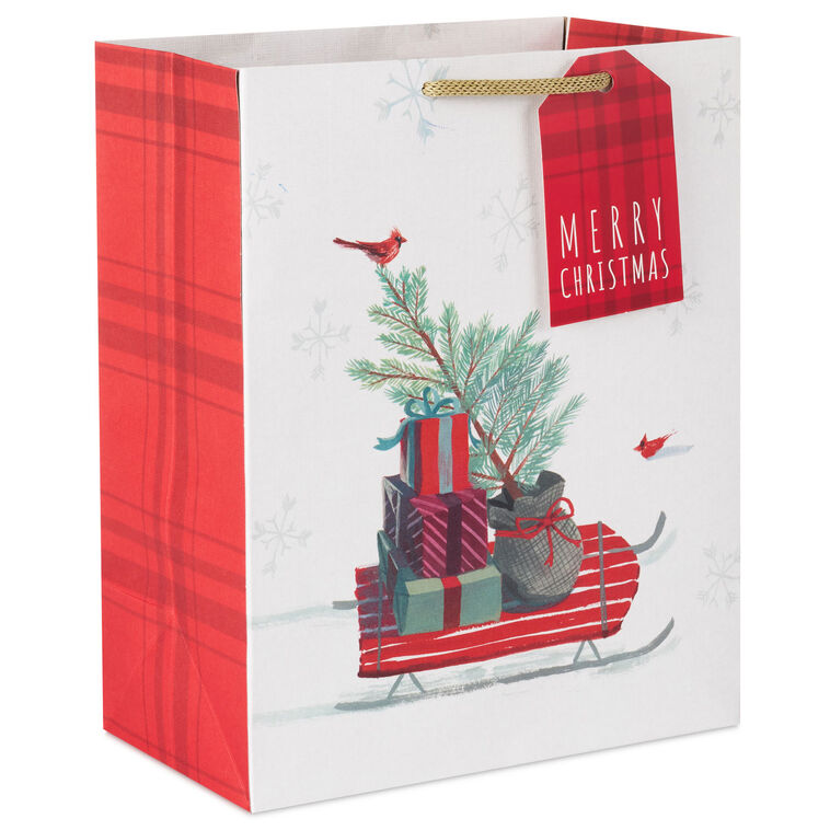 9.6" Red Sled in Snow Medium Christmas Gift Bag
