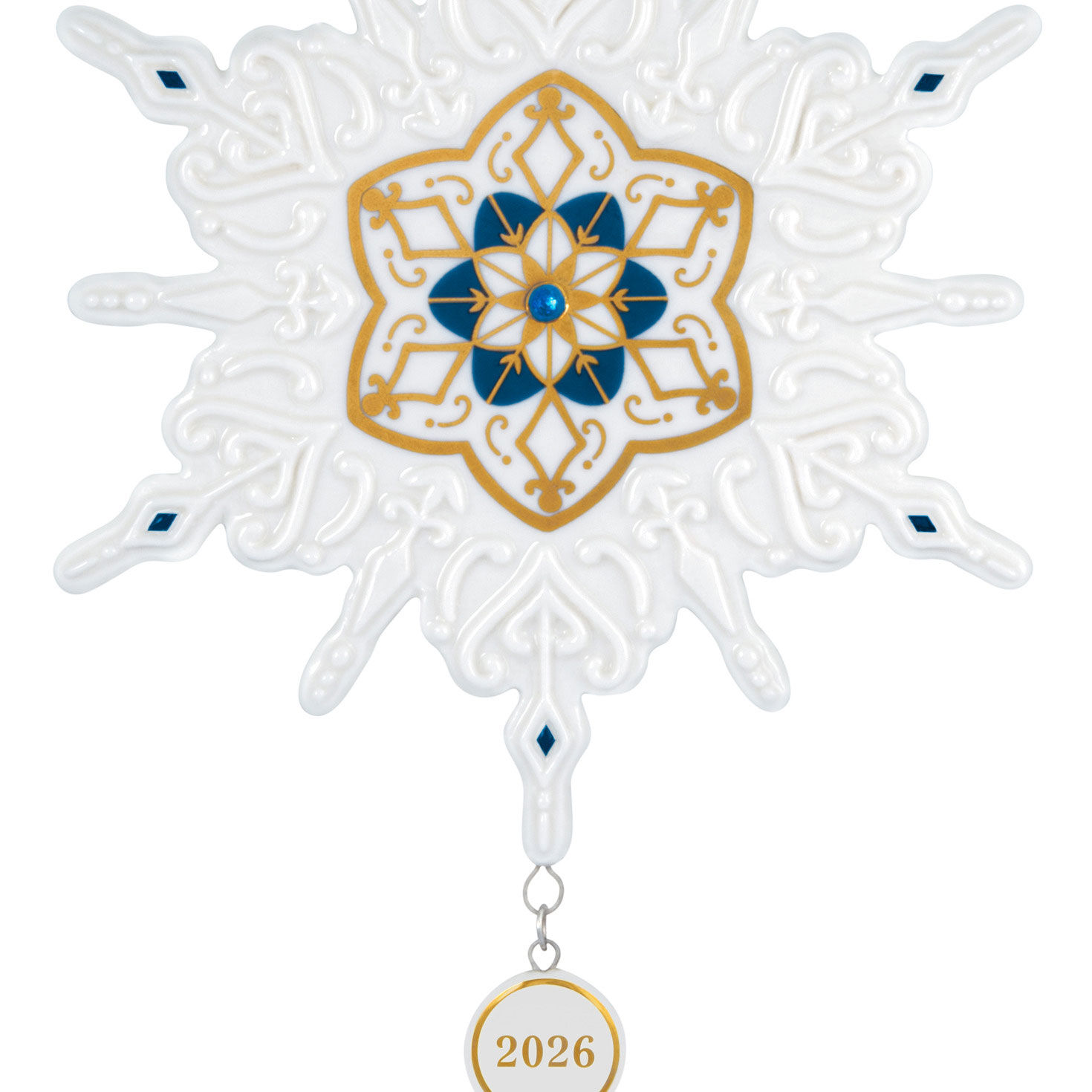 White Snowflake With Blue, Gold Keepsake Ornament upclose view image number 5