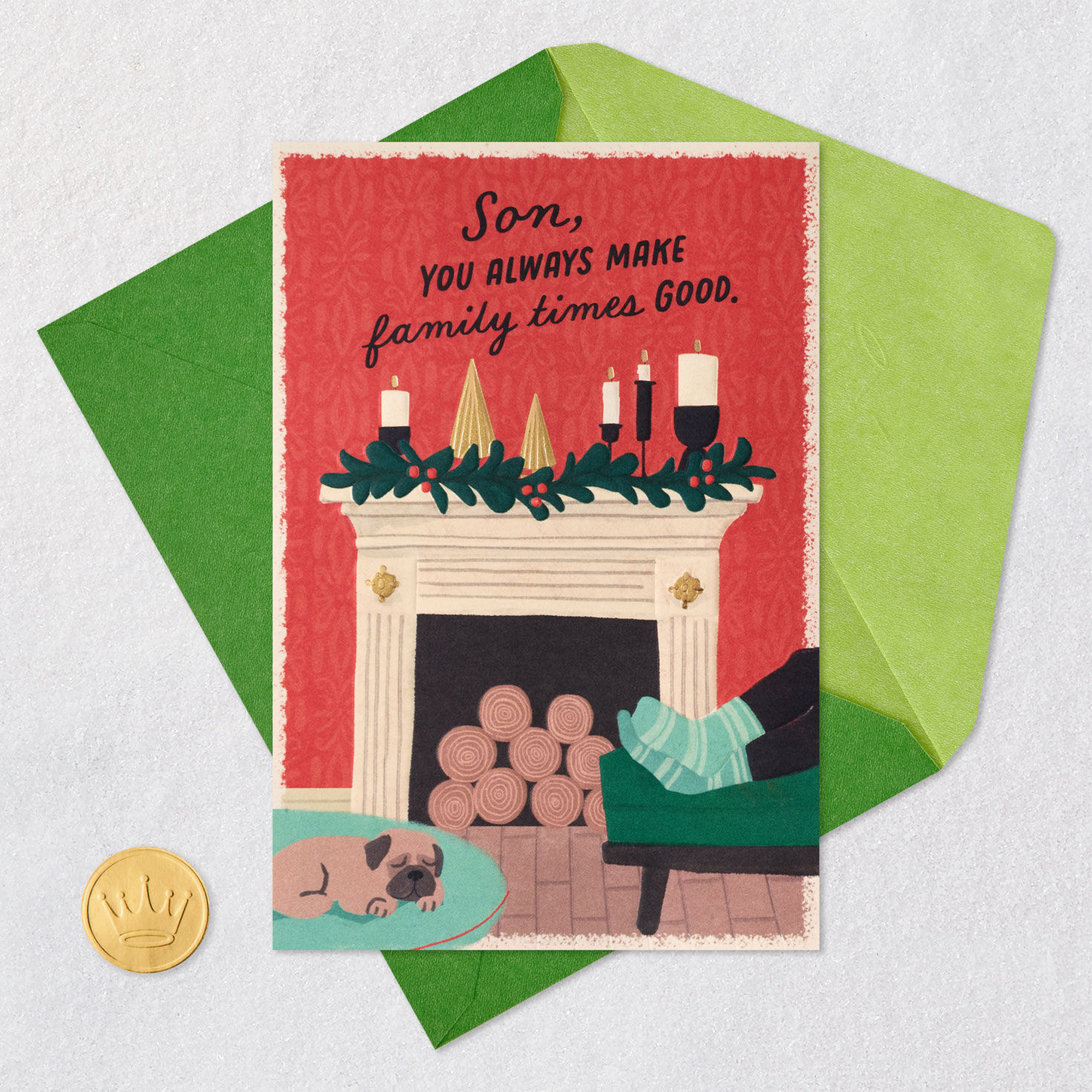 Dog by Holiday Fireplace Son Christmas Card Card Front with Envelope and Gold Seal image number 7