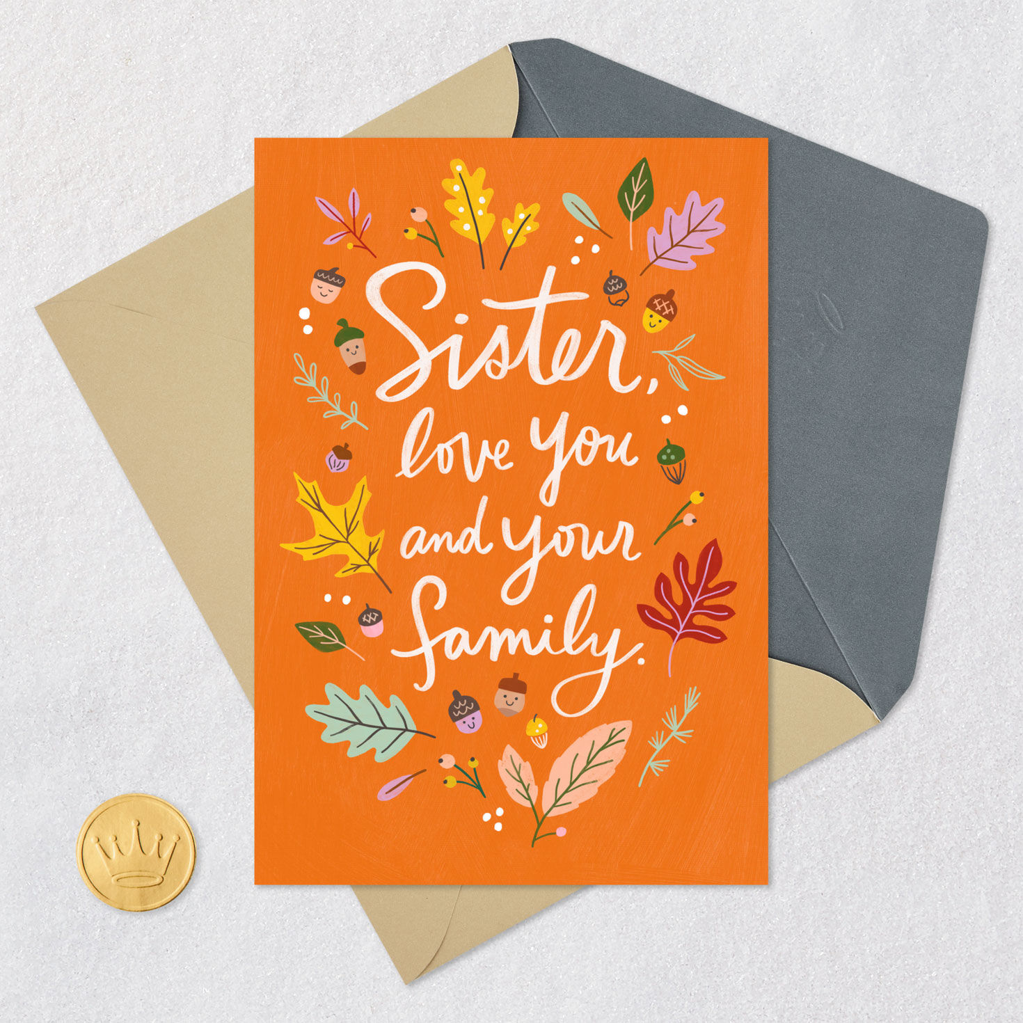 Fall Leaves and Acorns Thanksgiving Card for Sister and Family Card Front with Envelope and Gold Seal image number 5