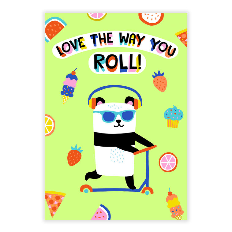Panda on Scooter With Food Icons Personalized Card front image number 2
