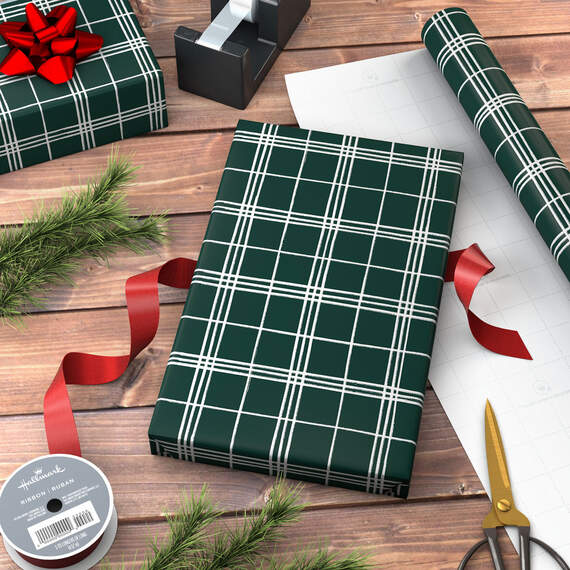 White Plaid on Green Holiday Wrapping Paper, 35 sq. ft., , large image number 3
