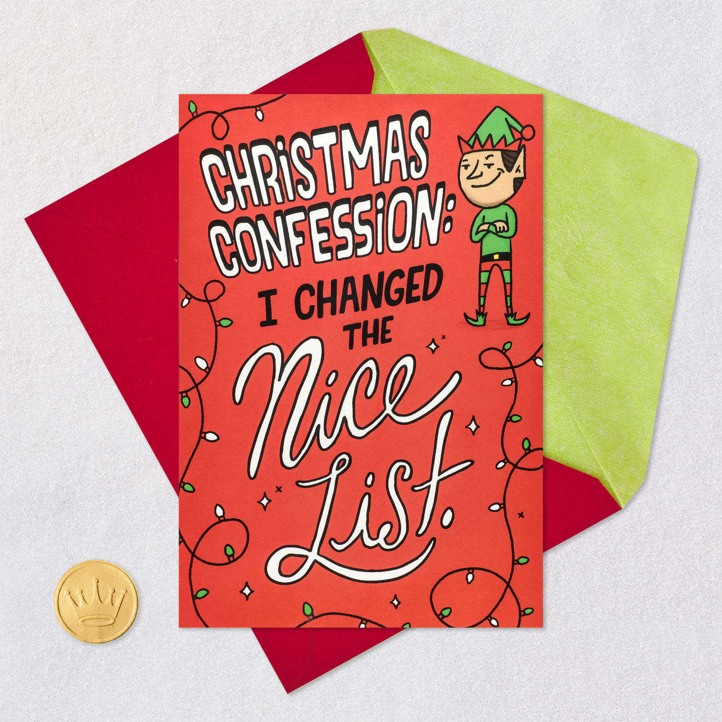 Funny Elf Nice List Pop Up Christmas Card Card Front with Envelope and Gold Seal image number 5