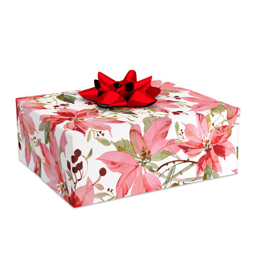 Watercolor Poinsettias on White Christmas Wrapping Paper, 40 sq. ft., 