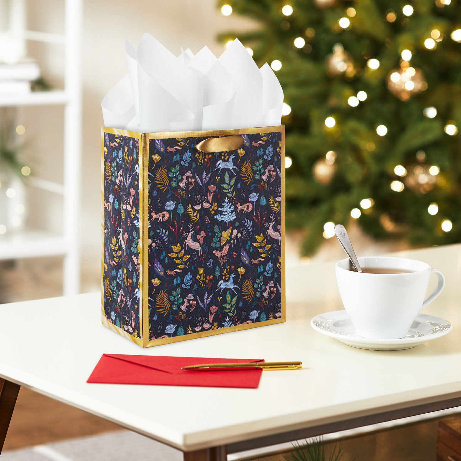 Colorful Holiday Toile on Navy Medium Gift Bag in use image number 2