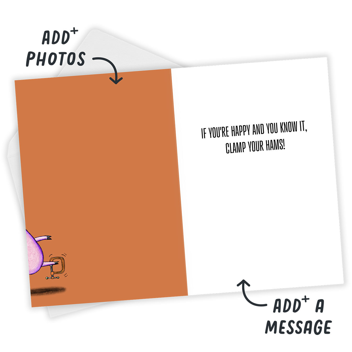 Clamped Pigs Funny Personalized Card Open Card with Envelope indicating personalization image number 3
