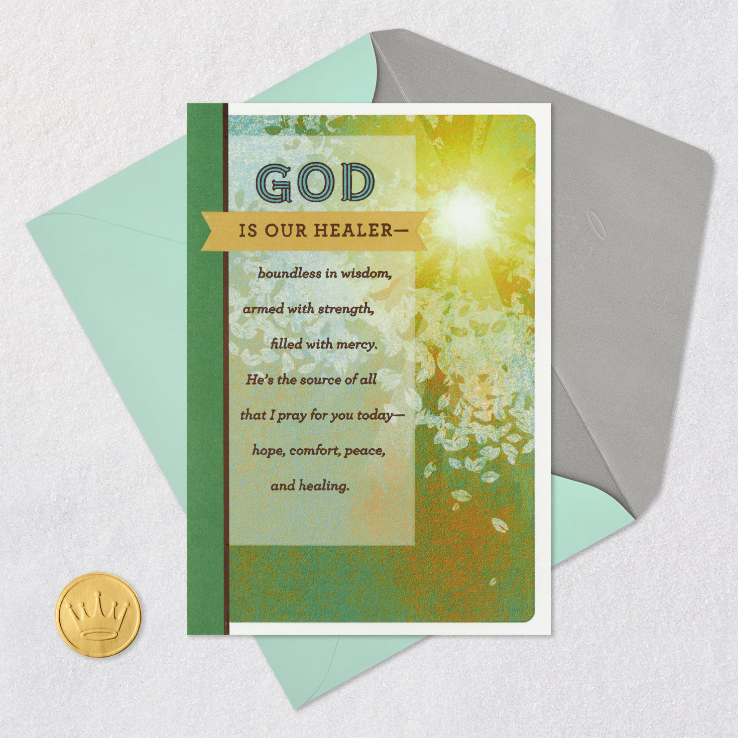 Sunshine in Tree Leaves Religious Get Well Card Card Front with Envelope and Gold Seal image number 6