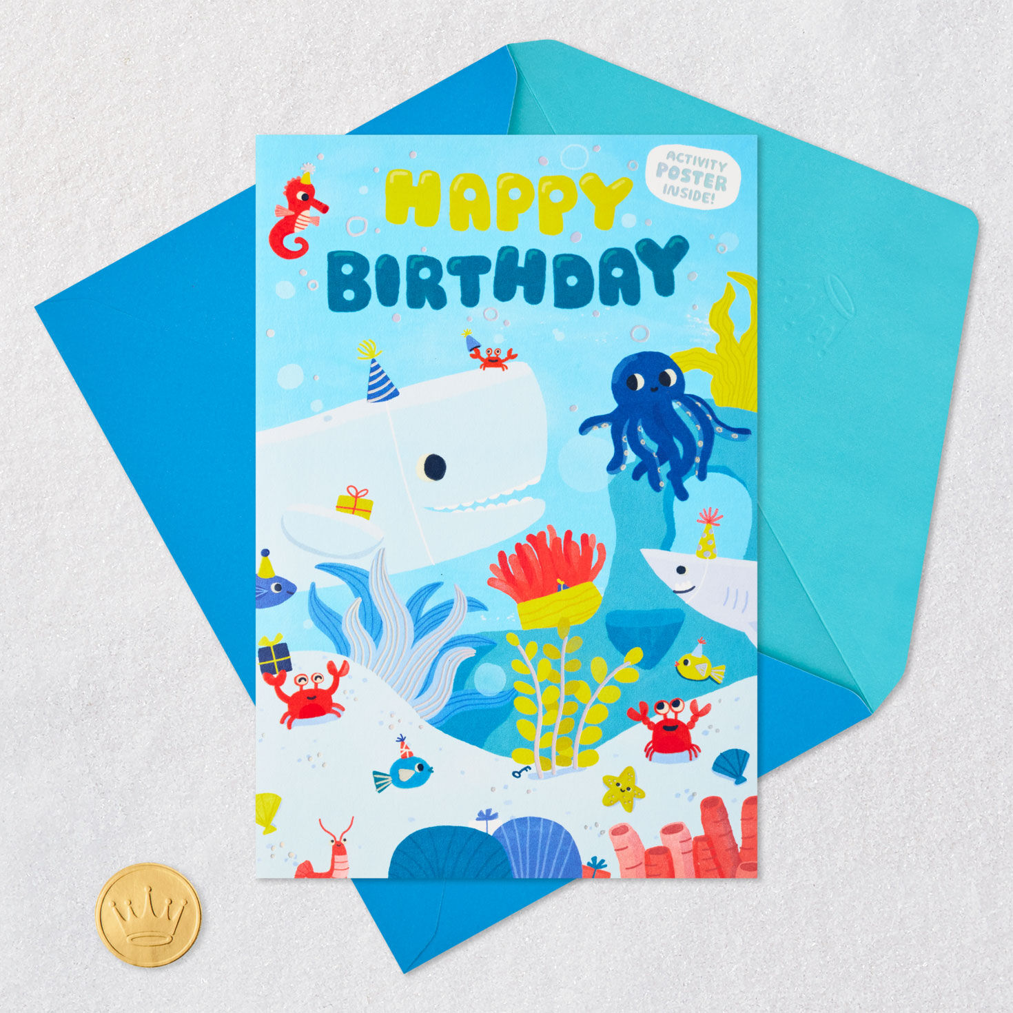 Ocean Animals Kids Coloring Birthday Card Card Front with Envelope and Gold Seal image number 8