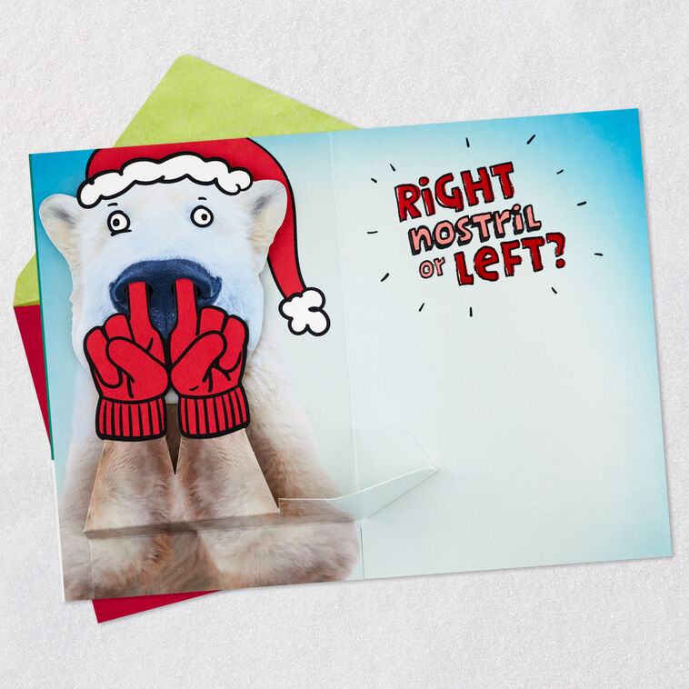 Nose-Picking Polar Bear Funny Pop-Up Christmas Card Open card with envelope image number 3