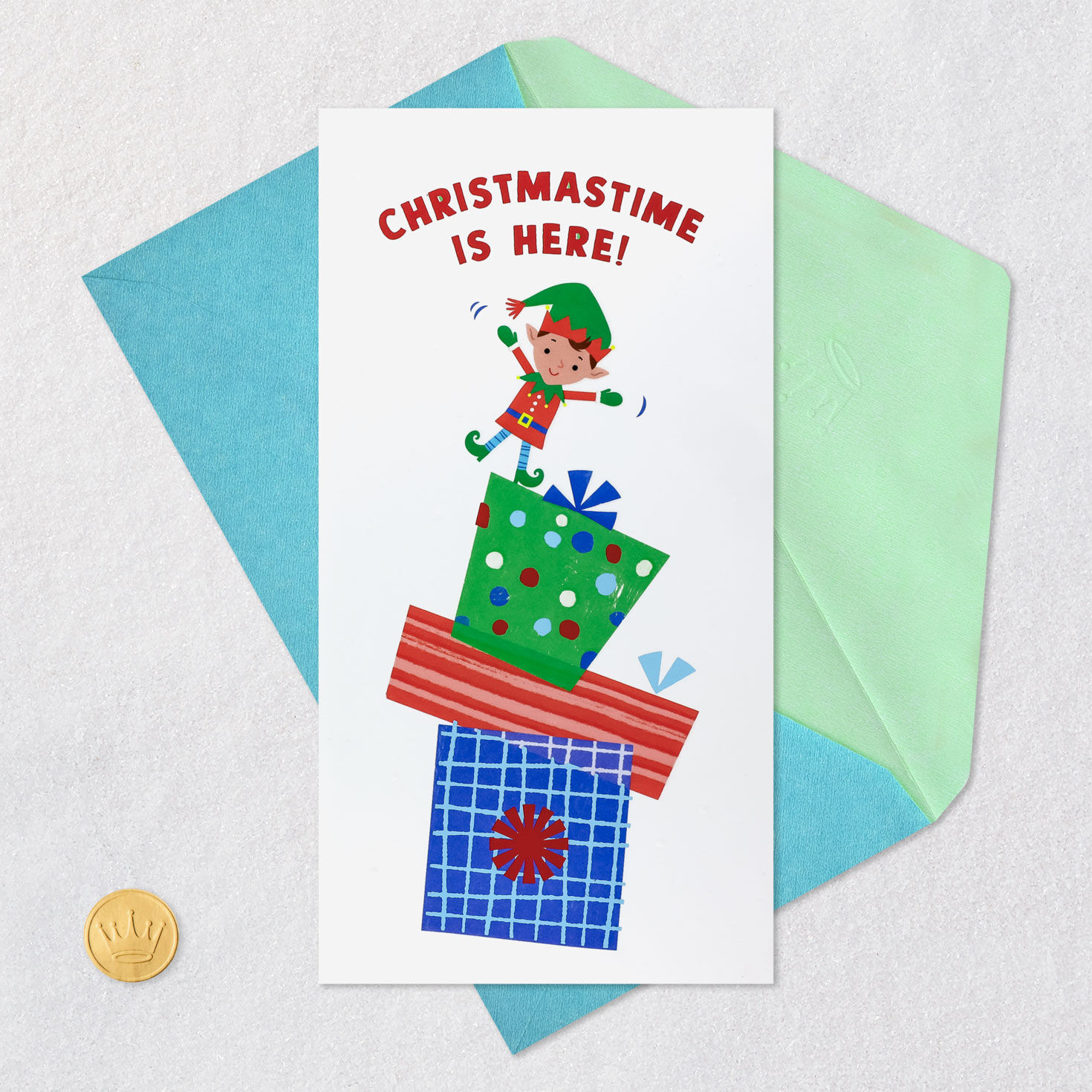 Playful Elf and Gifts Money Holder Christmas Card Card Front with Envelope and Gold Seal image number 6