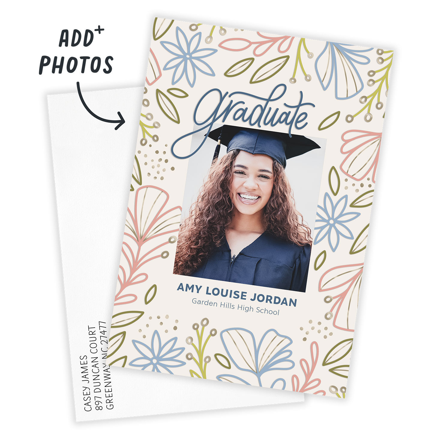 Flower Line Drawings Personalized Grad Announcement Card Front indicating personalization image number 2