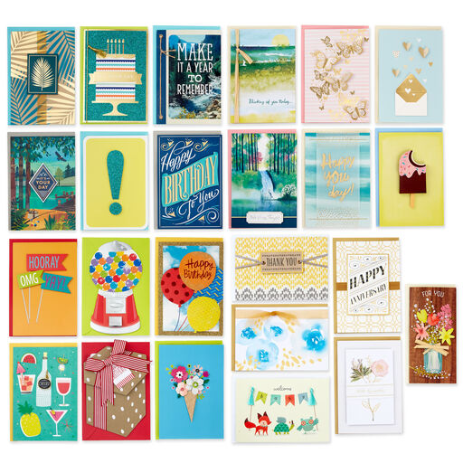 Premium Assorted Handmade All-Occasion Cards in Leaf Print Organizer, Box of 24, 